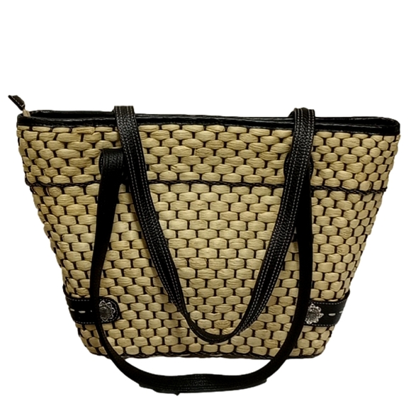 🌼 BRIGHTON TAN / NATURAL WICKER / STRAW BASKET BAG WITH BLACK LEATHER TRIM - Picture 5 of 16